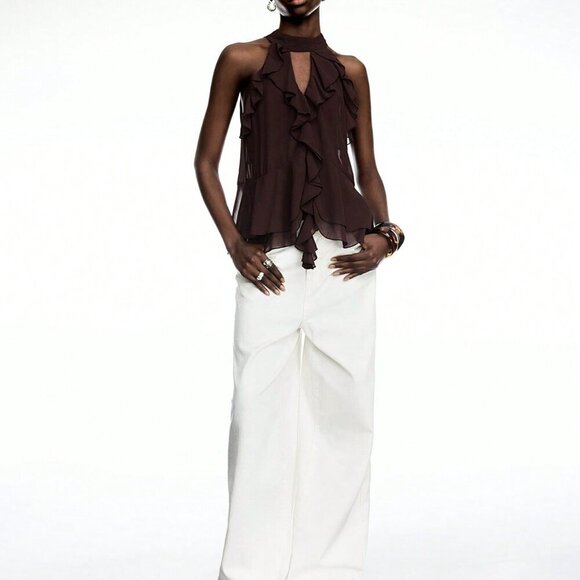 Coffee Brown Casual Women's Ruffle Chiffon Halter Top With Tie – Boho Style - Picture 3 of 7